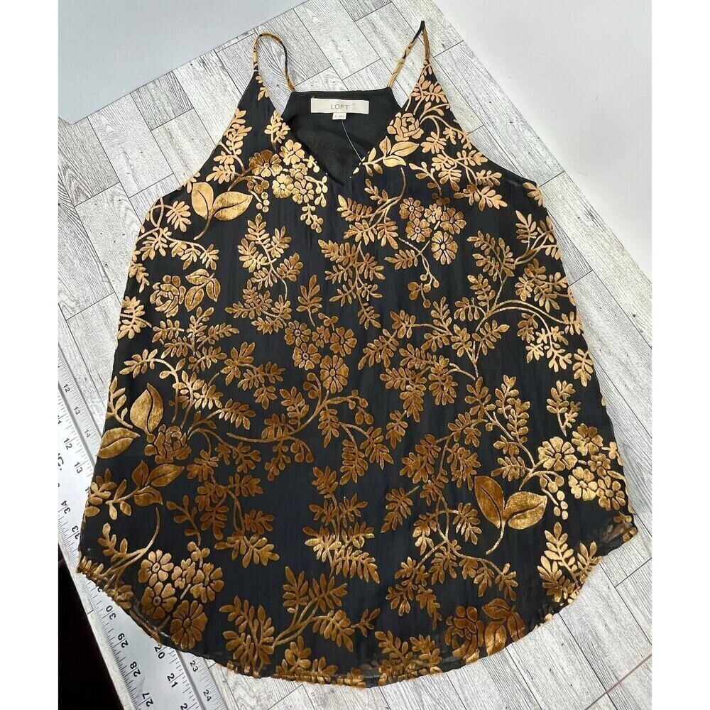 Loft Burnout Velvet Black/Gold Cami Top Sleeveless XS Whimsy Goth Fairy NWOT